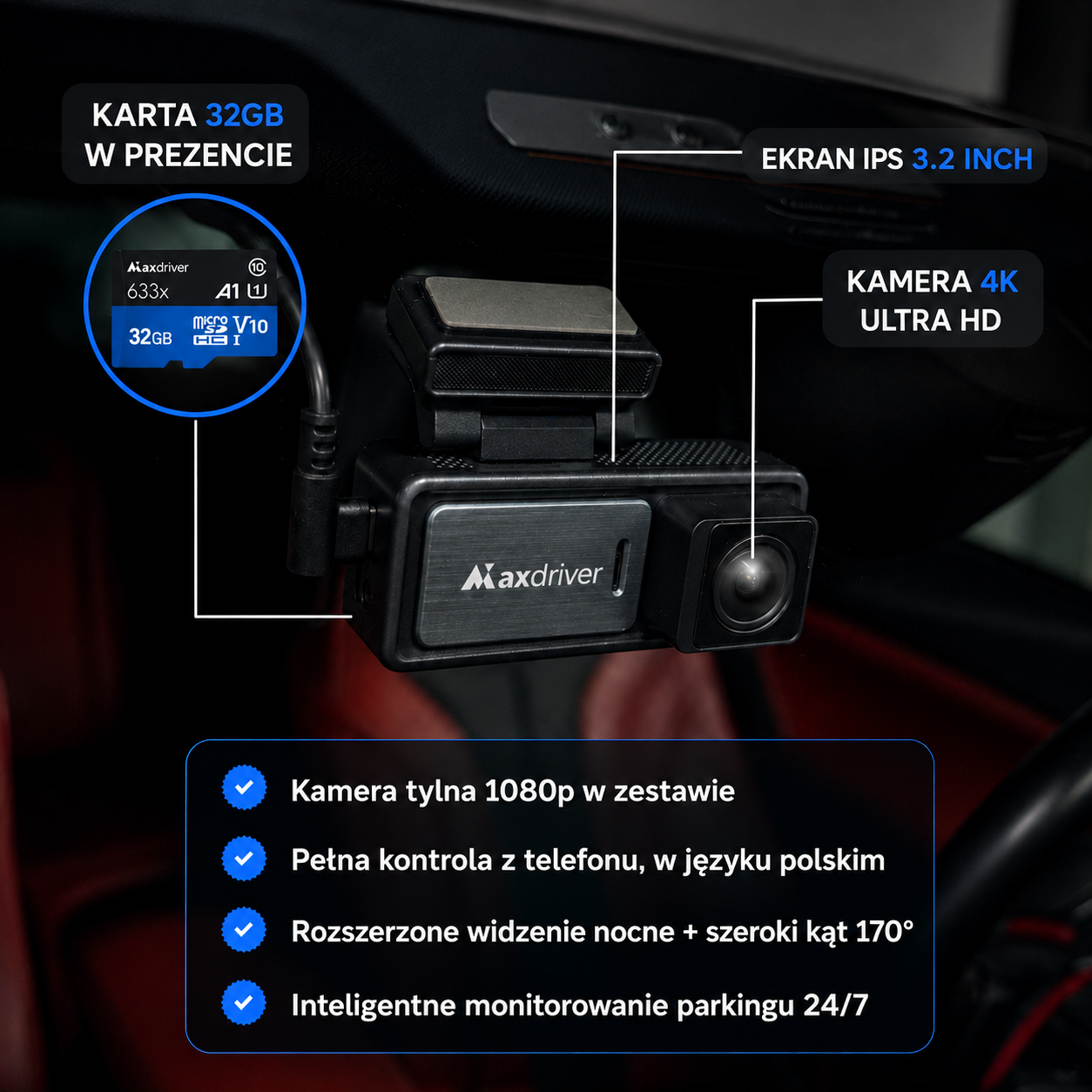 Kamera Samochodowa DVR MAXDRIVER® VISION 2 4K + Kamera Tylna Full HD